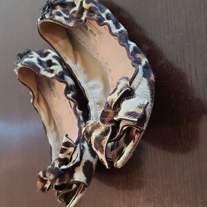 Miu Miu Open-Toe Leopard Pony Hair Ballet Flats, 7.5